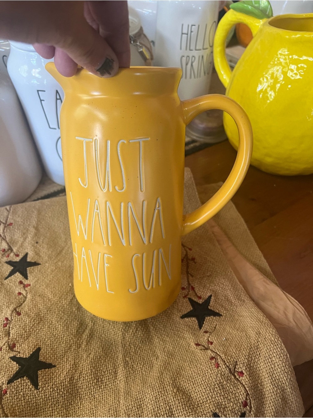 Rae Dunn Yellow Ceramic Pitcher with White Lettering